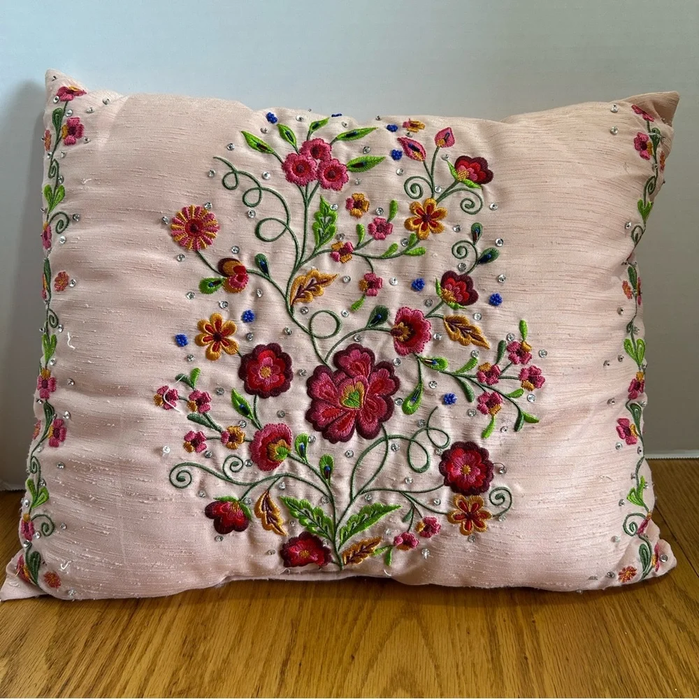 Hand Embroidered Floral Decorative‎ Pillow Pink Silk, Beaded Accents, ITR Brand